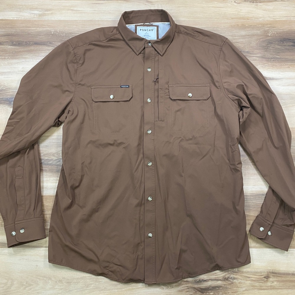 Poncho Outdoors Long Sleeve Shirt XL Slim Fit Western Fishing Brown Nylon Blend